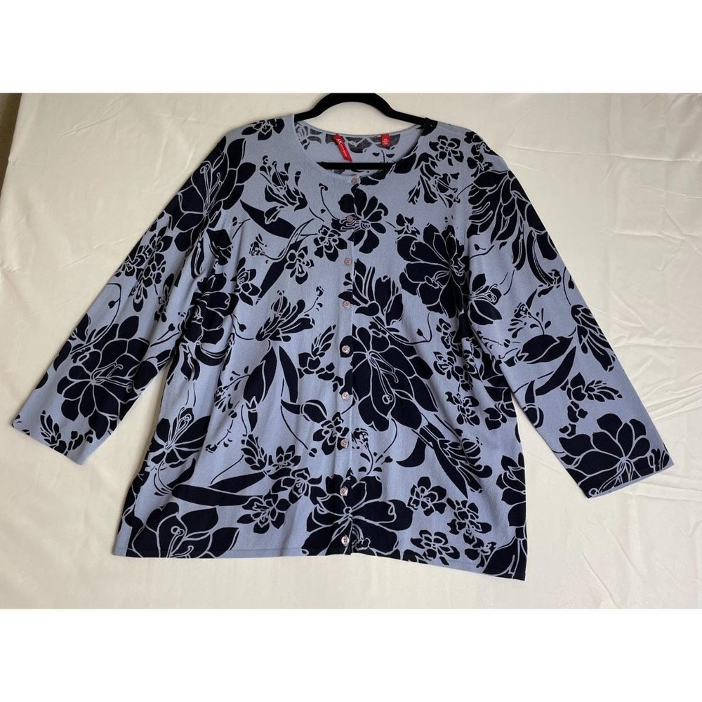 Vintage Anne Klein Womens 2X Blue Floral Button Up Cardigan Sweater Fairy Preppy